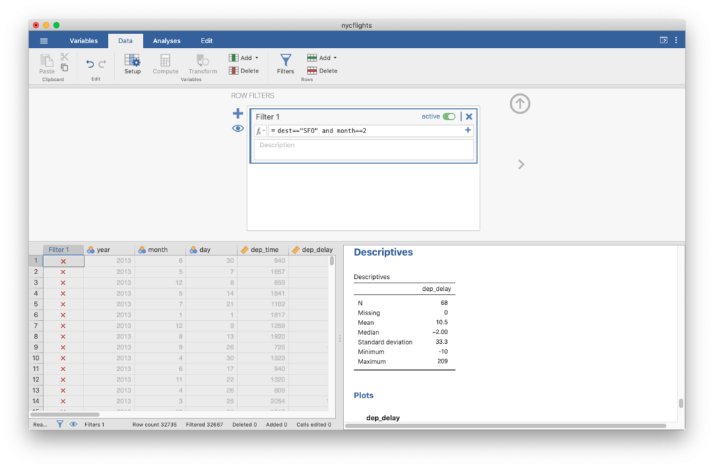 Entering two data filters in jamovi for destination airport (SFO) and month (February).