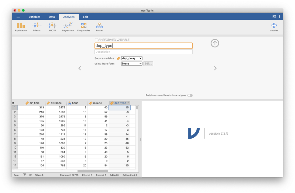 Creating a Transformed variable dep_type based on dep_delay in jamovi