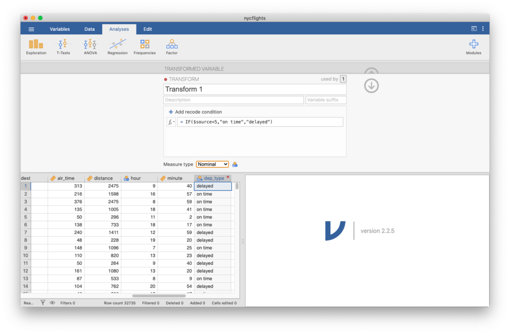 Second part of creating a Transformed variable dep_type based on dep_delay in jamovi