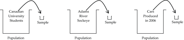 Three examples of a sample being a subset of a larger population.