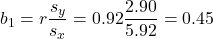 b_1=r\dfrac{s_y}{s_x}=0.92\dfrac{2.90}{5.92}=0.45