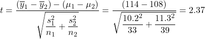 t = \dfrac{(\overline{y}_1-\overline{y}_2)-(\mu_1-\mu_2)}{\sqrt{\dfrac{s_1^2}{n_1}+\dfrac{s_2^2}{n_2}}} = \dfrac{(114-108)}{\sqrt{\dfrac{10.2^2}{33}+\dfrac{11.3^2}{39}}} = 2.37