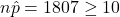 n\hat{p} = 1807 \ge 10