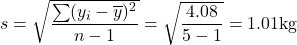 s=\sqrt{\dfrac{\sum(y_i-\overline{y})^2}{n-1}}=\sqrt{\dfrac{4.08}{5-1}}=1.01 \text{kg}