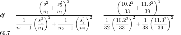 df= \dfrac{\left( \dfrac{s_1^2}{n_1}+\dfrac{s_2^2}{n_2} \right)^2}{\dfrac{1}{n_1-1}\left( \dfrac{s_1^2}{n_1} \right)^2 + \dfrac{1}{n_2-1}\left( \dfrac{s_2^2}{n_2} \right)^2} = \dfrac{\left( \dfrac{10.2^2}{33}+\dfrac{11.3^2}{39} \right)^2}{\dfrac{1}{32}\left( \dfrac{10.2^2}{33} \right)^2 + \dfrac{1}{38}\left( \dfrac{11.3^2}{39} \right)^2} = 69.7