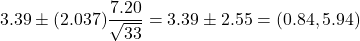 3.39\pm(2.037)\dfrac{7.20}{\sqrt{33}}=3.39\pm2.55=(0.84, 5.94)