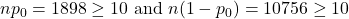 np_0 = 1898 \ge 10$ and \( n(1-p_0) = 10756 \ge 10